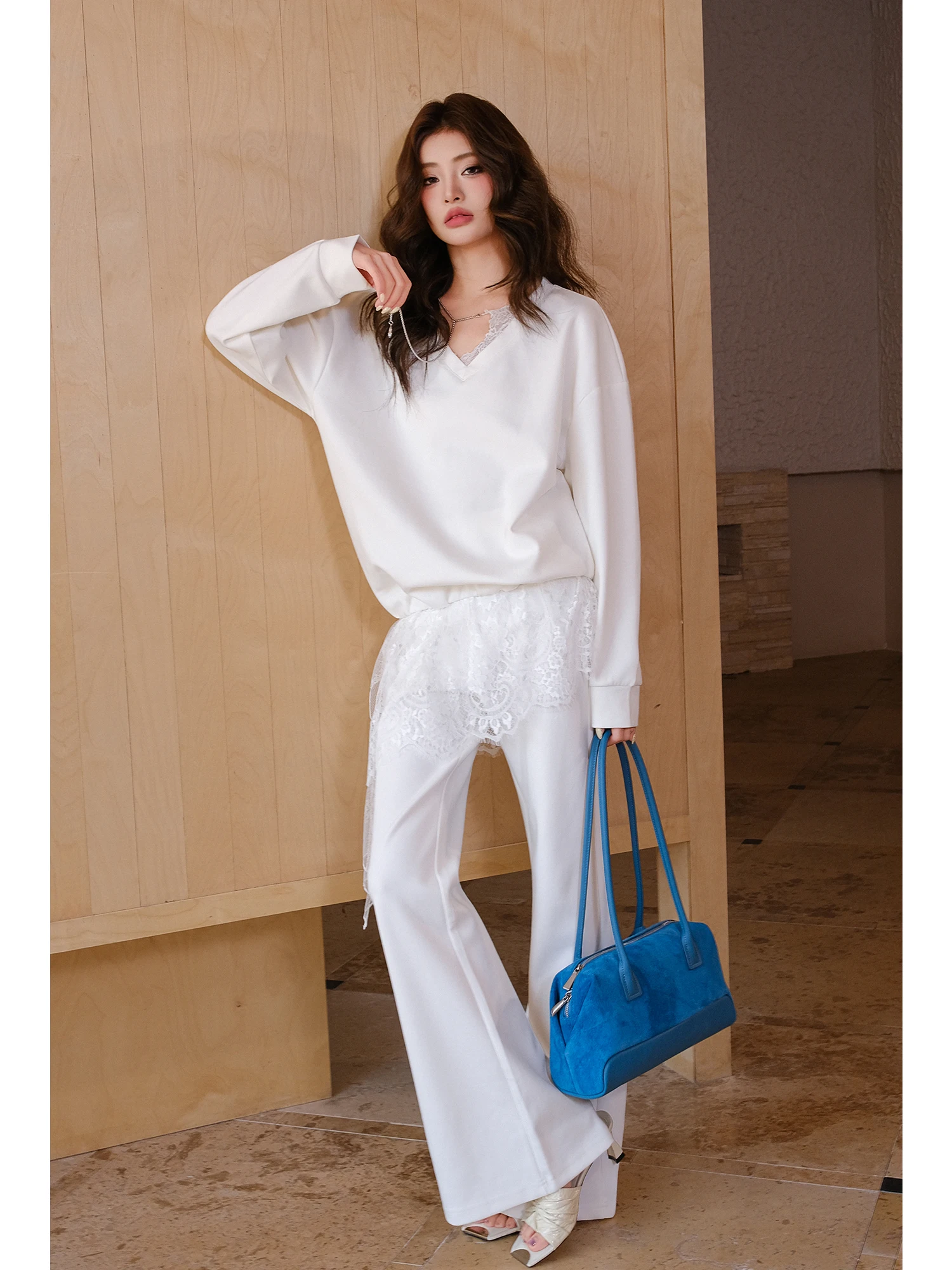 

MIUCO Casual Lace Long Sleeve V-Neck Sweatshirt And Flared Pants Set Spring Fashion Women's High Waist Trousers Outfit