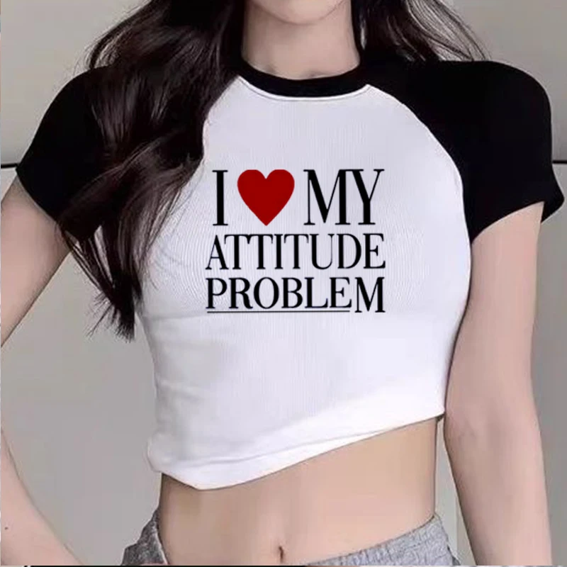 I Love Attitde Problem Y 2k Cropped Top Street Fashion Monogram Unisex T-Shirt 90s Slim Fit Baby T-Shirt