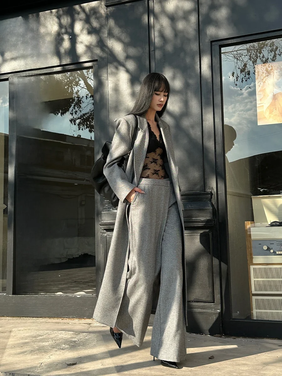 

Ele ey Wool Double-Breasted Coat And Wide Leg Pants Set Women's Long Casual Pants Two-Piece Suit by Venui Winter Faion