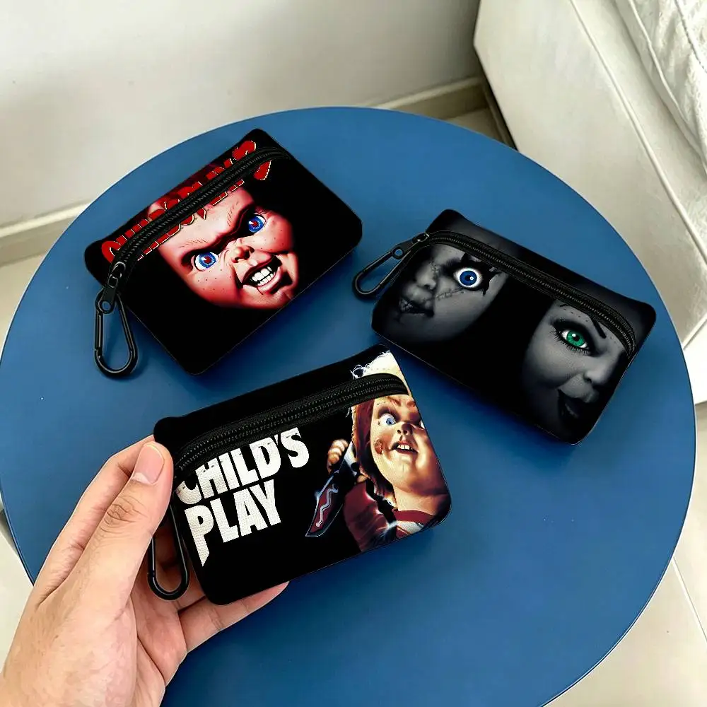 Classic Horror Movie C-Child P-Play Portable Mini Oxford Cloth Coin Purse With Carabiner Hook Zipper Key Card Earphone Storage