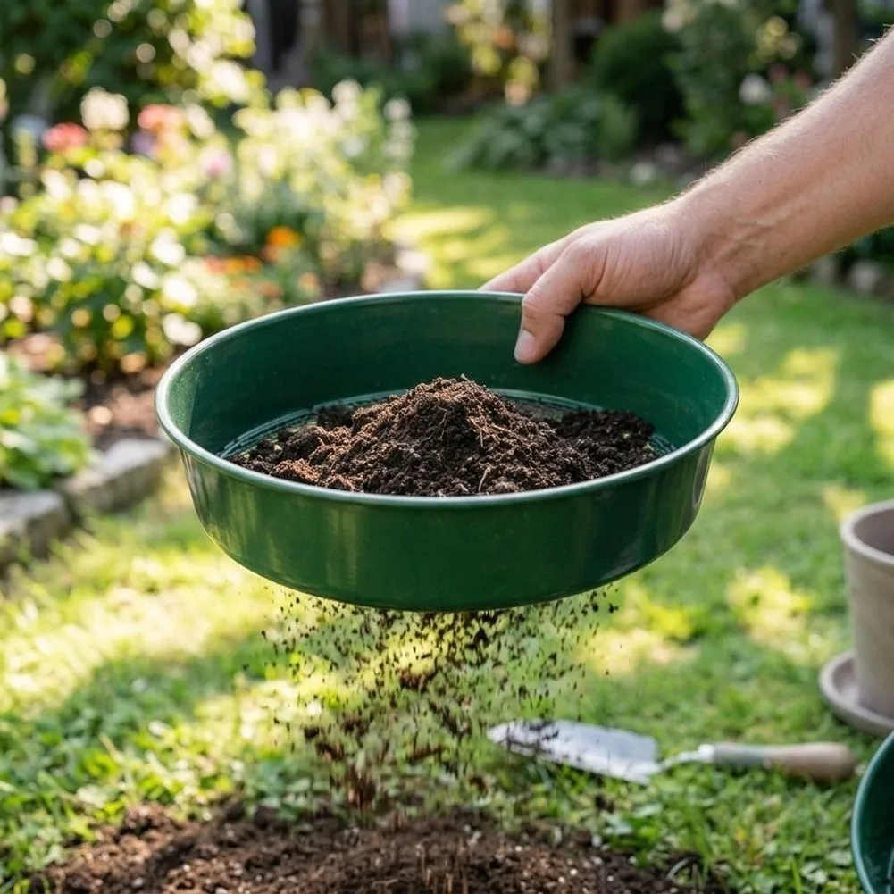 3 in 1 Metal Garden Sieve with 12mm 10mm 6mm Mesh Inserts for Soil Screening Compost Sifting and Debris Separation