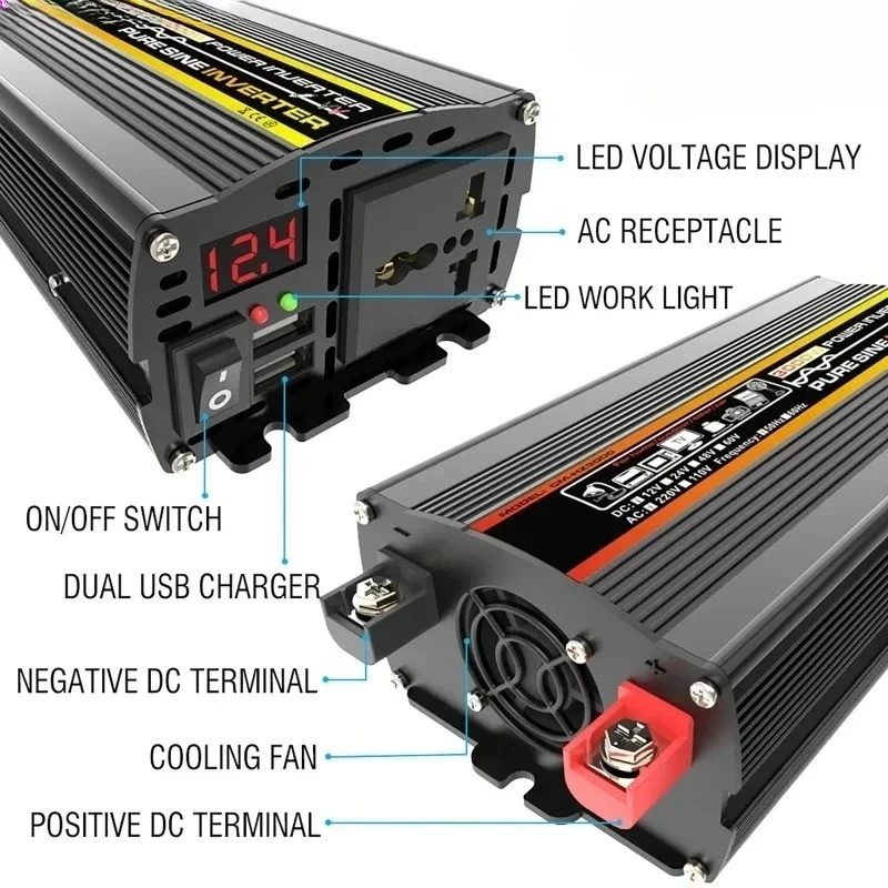 10000W Pure Sine Wave Power Inverter Voltage Transformer Intelligent Digital Display DC12/24V to 220V Converter Car Home Outdoor