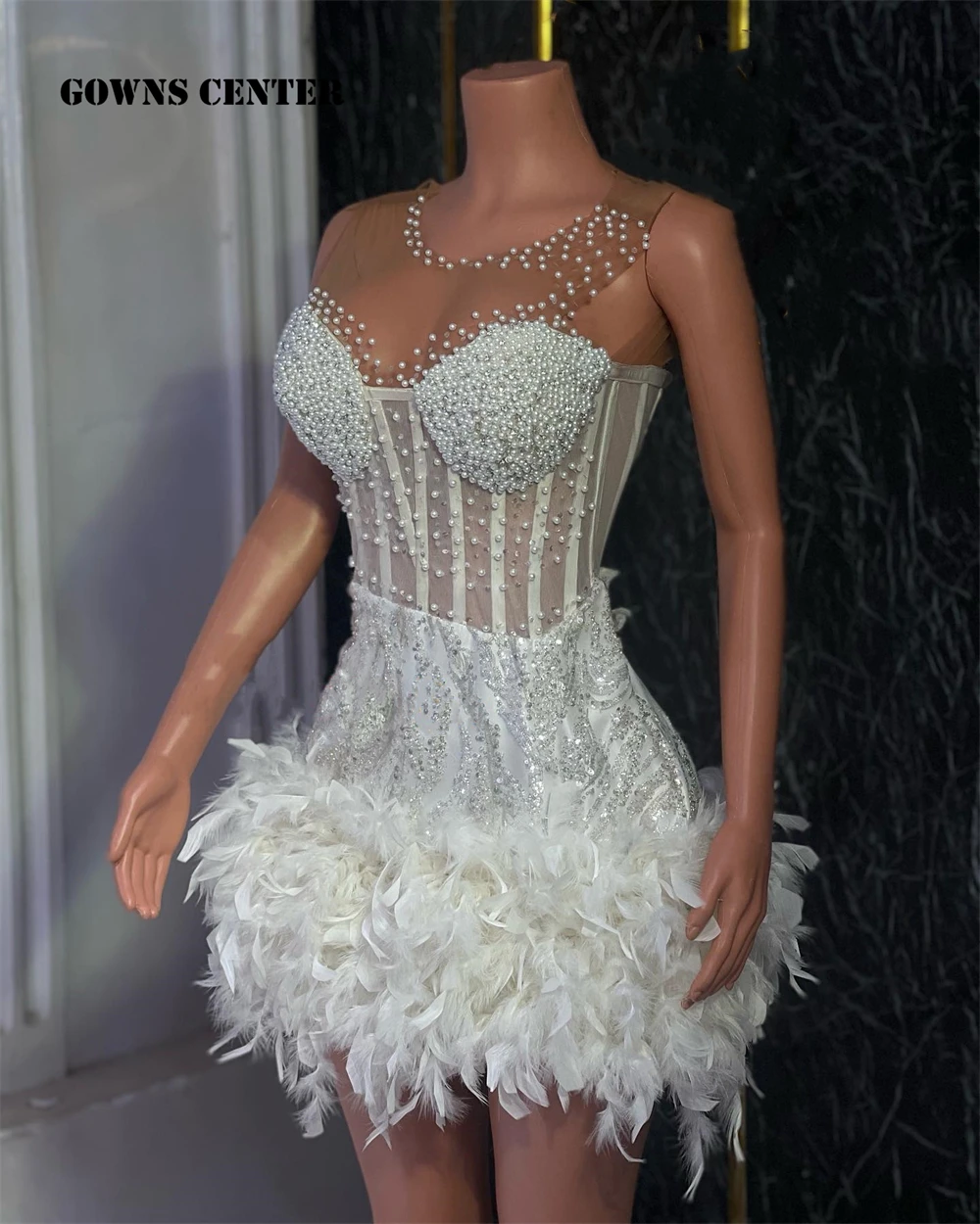 Wonderful White Feathers Prom Dresses Beaded Pearls Sequins Fish Bone Homecoming Dress Black Girls Birthday Gown 2024 Customized