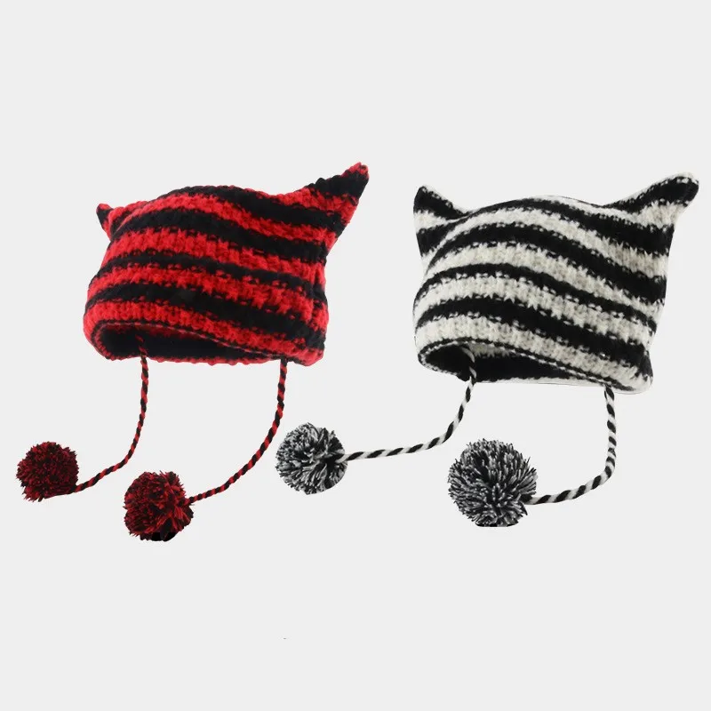 Imp Cat Ears Wool Cap Fall and Winter Warm with Striped Knit Cap Street Hip-hop Cap Wool Ball Cotton Cap Ear Protection Head Cap