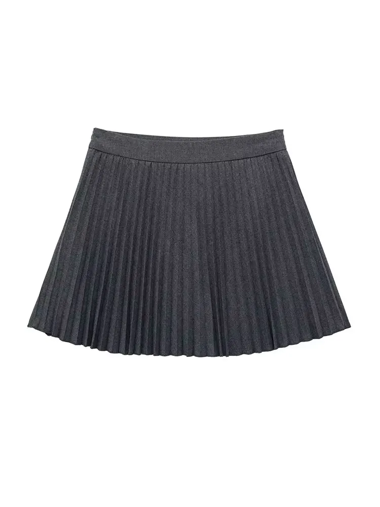 TRAFZA Woman's New Fashion Summer Mini Skirts Dark Gray High Waist Folds Decorate Side Zipper Short Skirts Female Pleated Skirts