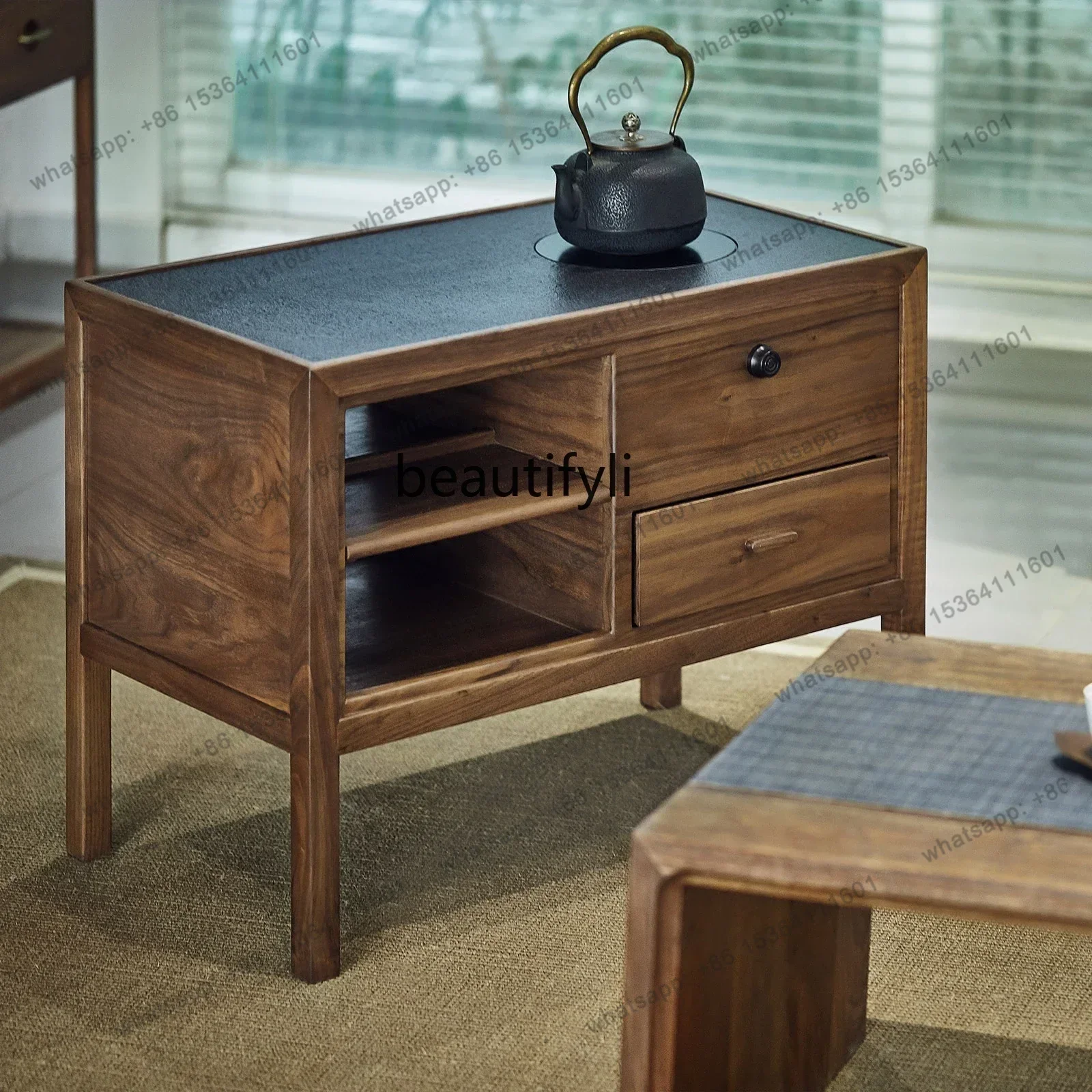 

ld 30New Chinese Style Black Walnut Tea Cabinet Furniture Water-Boiling Stove Storage Low Cabinet Side Cabinet Solid Wood Living