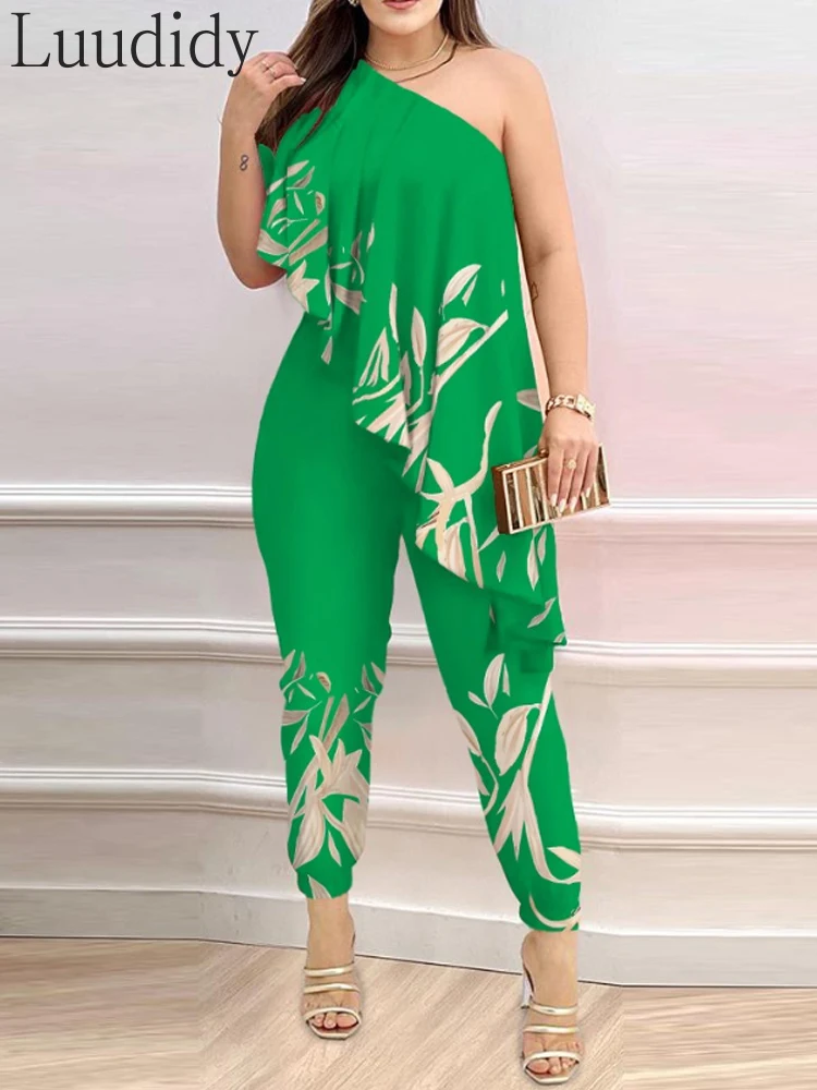 

Print One Shoulder Asymmetrical Ruffles Jumpsuit Overalls Women