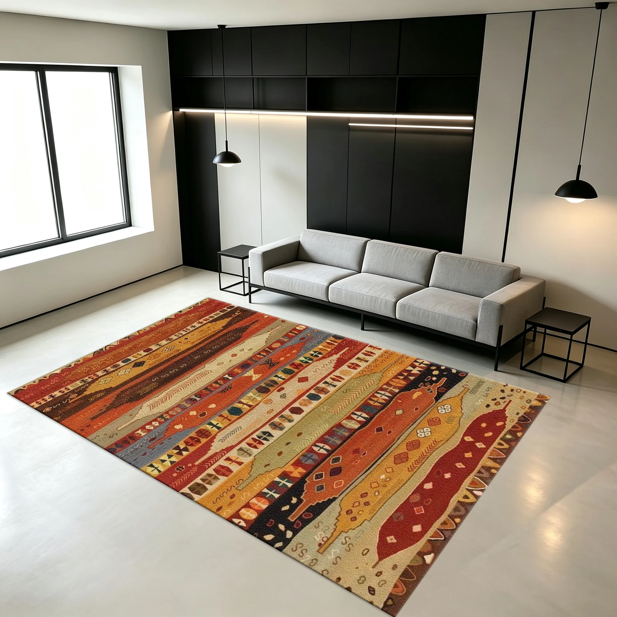 Vintage Kilim Geometric Striped Carpet Bohemian Retro Square Carpet Soft Decorative Rug Suitable for Living Room and Bedroom