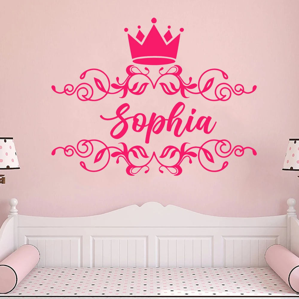 1 unidad, nuevo, personalizado, nombre, corona, calcomanía de pared, arte, pegatinas de vinilo para decoración de dormitorio, Mural personalizado