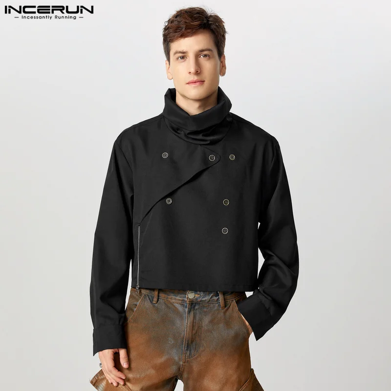 Stylish Casual Style Tops INCERUN Men's High Neck Double Breasted Cropped Jacket Coat Male Hot Selling Long Sleeved Solid Jacket