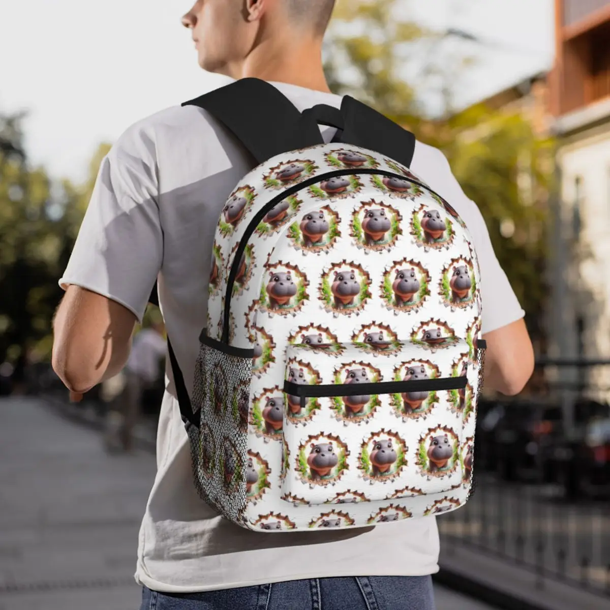 

Effect Hole In A Wall Cartoon Baby Hippo Backpack Daypack Large Capacity Boy Girl BookBag School Bag Shoulder Bags for Men Women