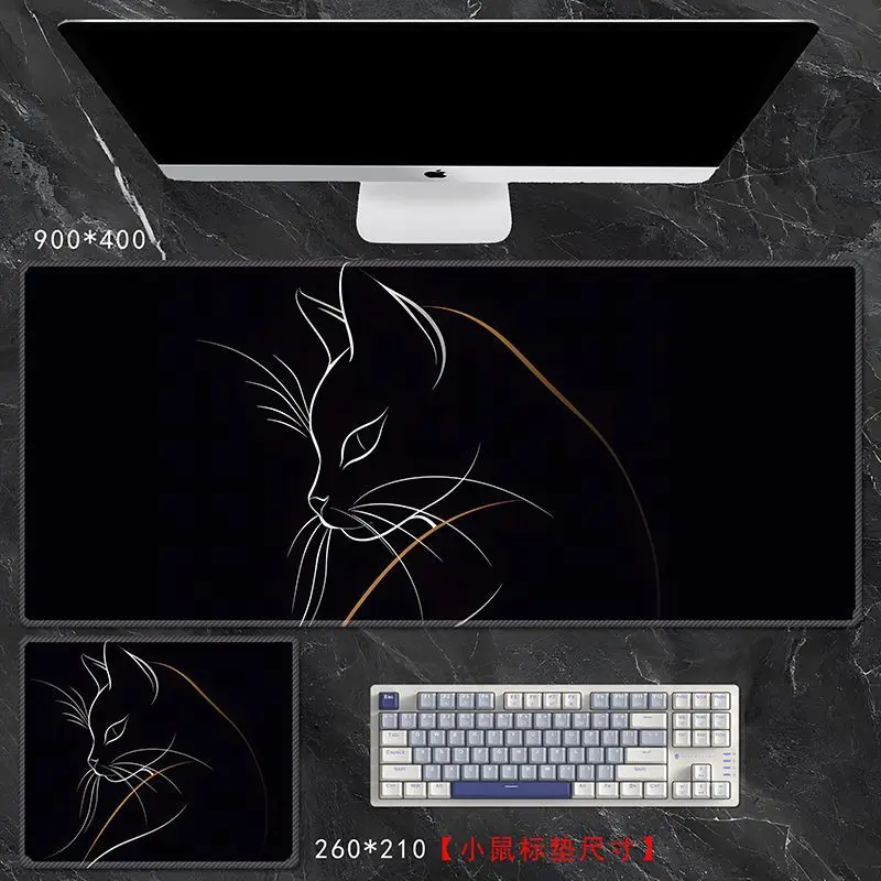 ミニマリスト美的猫大型マウスパッド - XXL 厚いデスクマット オフィス用、ブラックキャットキーボードカバー ラップトップ用 (滑り止め)