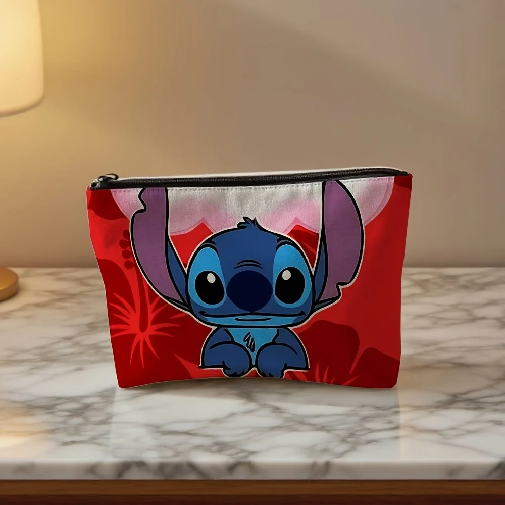 1 حقيبة مكياج كرتونية من ديزني ستيتش، شخصية زرقاء لطيفة مع طباعة خلفية حمراء، حقيبة تخزين المجوهرات، حقيبة مثالية للسفر بسحاب - هدية عيد ميلاد ممتعة #1