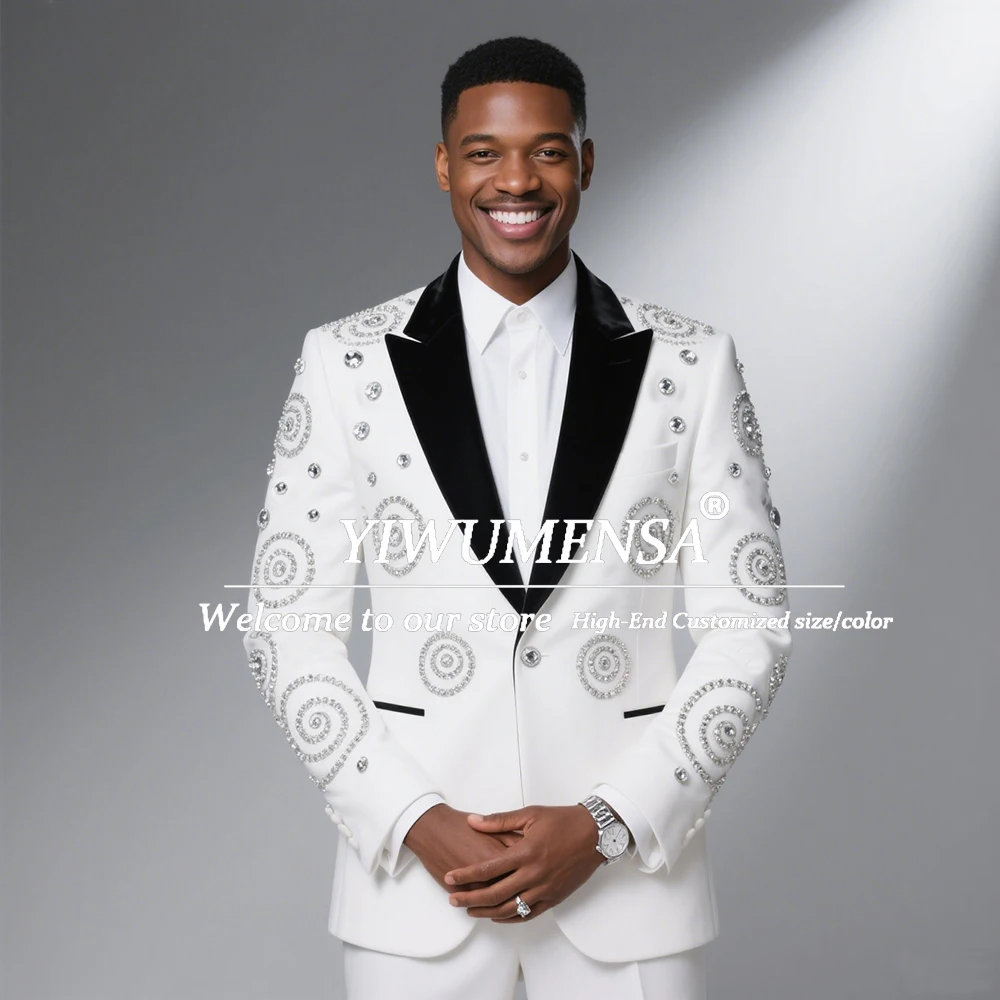 

Brilliant Beaded Stones Suits Men For Wedding Customized 2 Pieces Sets Black Velvet Lapel Prom Blazers Man Performance Tuxedos