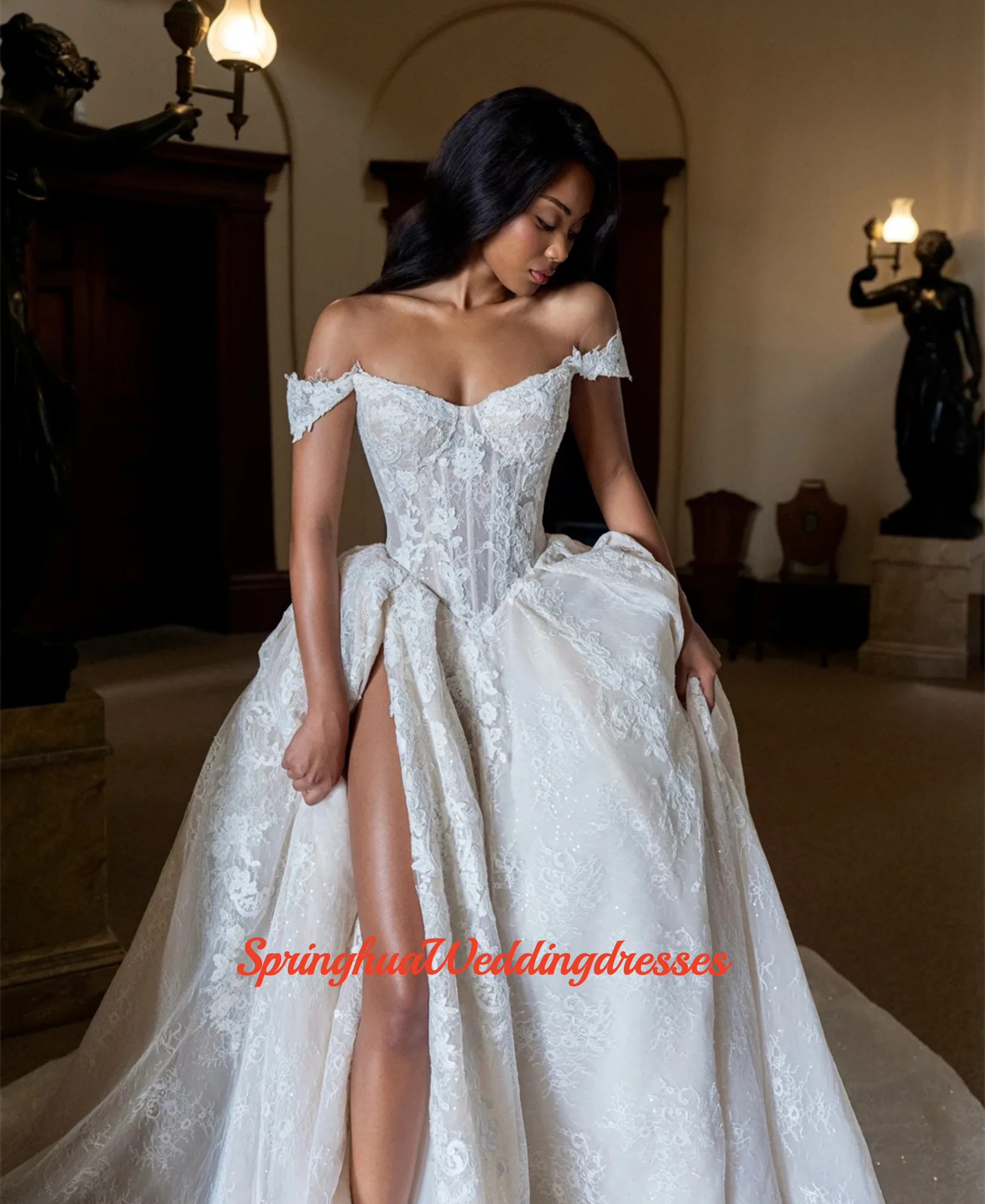Customized Boho White Organza WeddingDress Sexy Sweetheart Off the Shoulder Bridal Gown Boho A-Line Chapel Train Robe de mariée