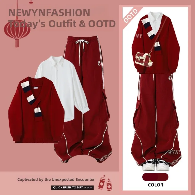 

Red Knitted Sweater Base Shirt Casual Pants Three Piece Set Winter Fashion Women's New Year's Atmosphere Sensation Ensemble