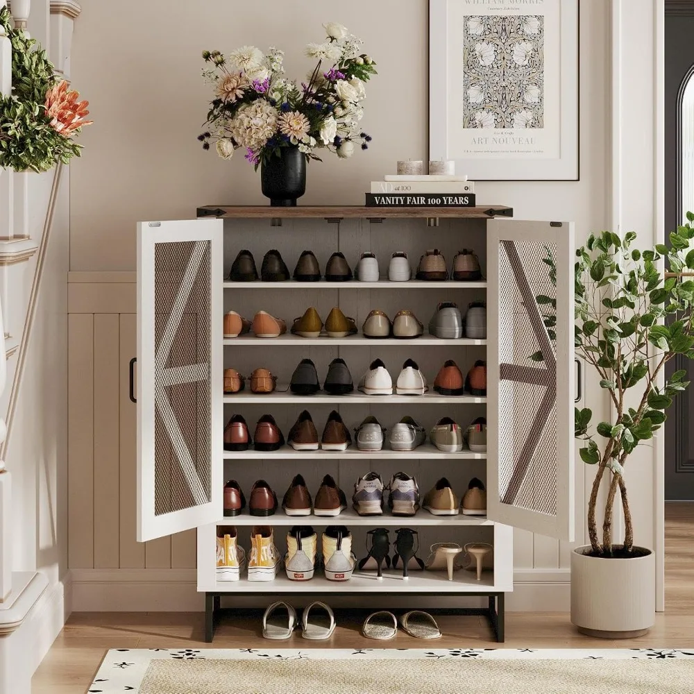 Sapateira Farmhouse com Portas, 6-Tier Shoes Rack, Organizador de Armazenamento com Prateleiras Ajustáveis e Pernas de Metal, Sapato Rústico