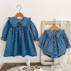 2025 New Spring Children Clothes Kids Princess Dresses Long Sleeved Denim Print Baby Girl Romper 2-6Yrs Girl Party Dress