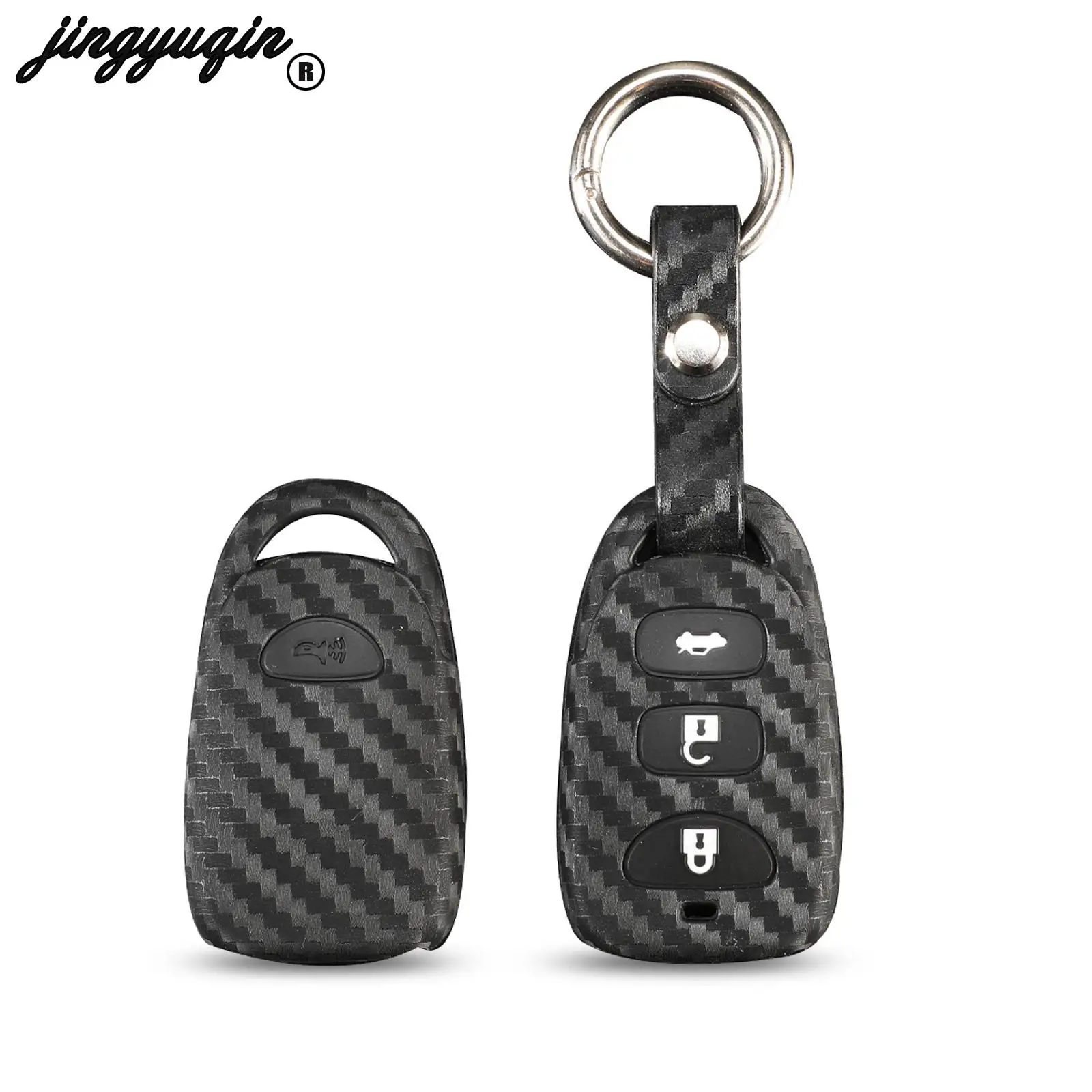 jingyuqin 3+1/4 Buttons Carbon Fiber+Silicone Car Key Cover For Hyundai Kia Carens Fob Remote Key Cover Fob Case Keyless