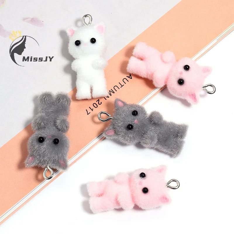 Flocking Animals Cartoon Cats Shape Resin Dolls Beads Pendant Diy Jewelry Earring Garment Keychain Pendant Accessories