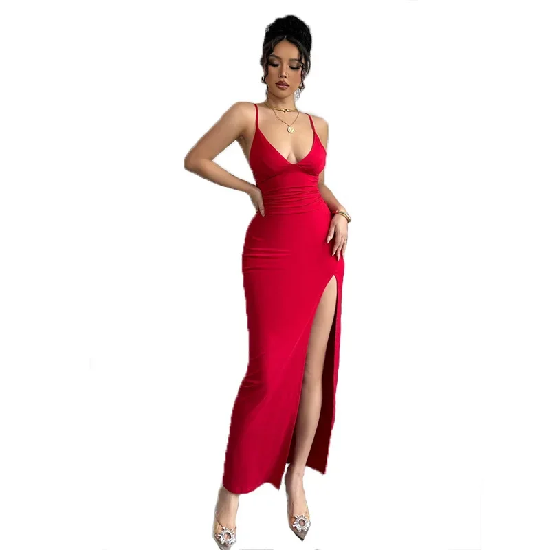 Long Ankle Length Empire Waist Stock Sexy Slim Fit Split Dress Summer New Strap Dress One Step Skirt V Neck Sleeveless