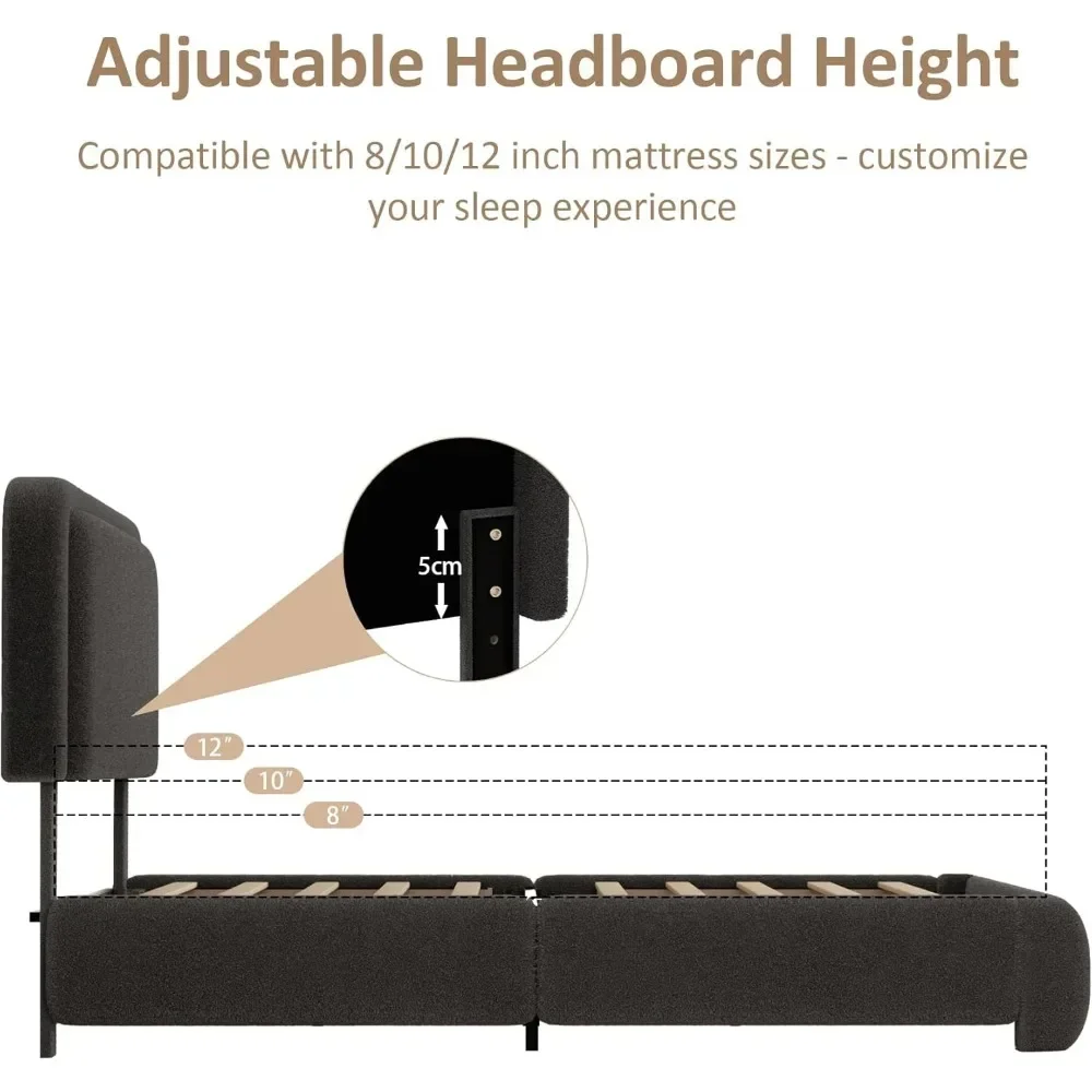 Queen Size Bed Frame, Upholstered Cloud Platform Bed Frame with Headboard, Anti-Bump Soft Rounded Corners