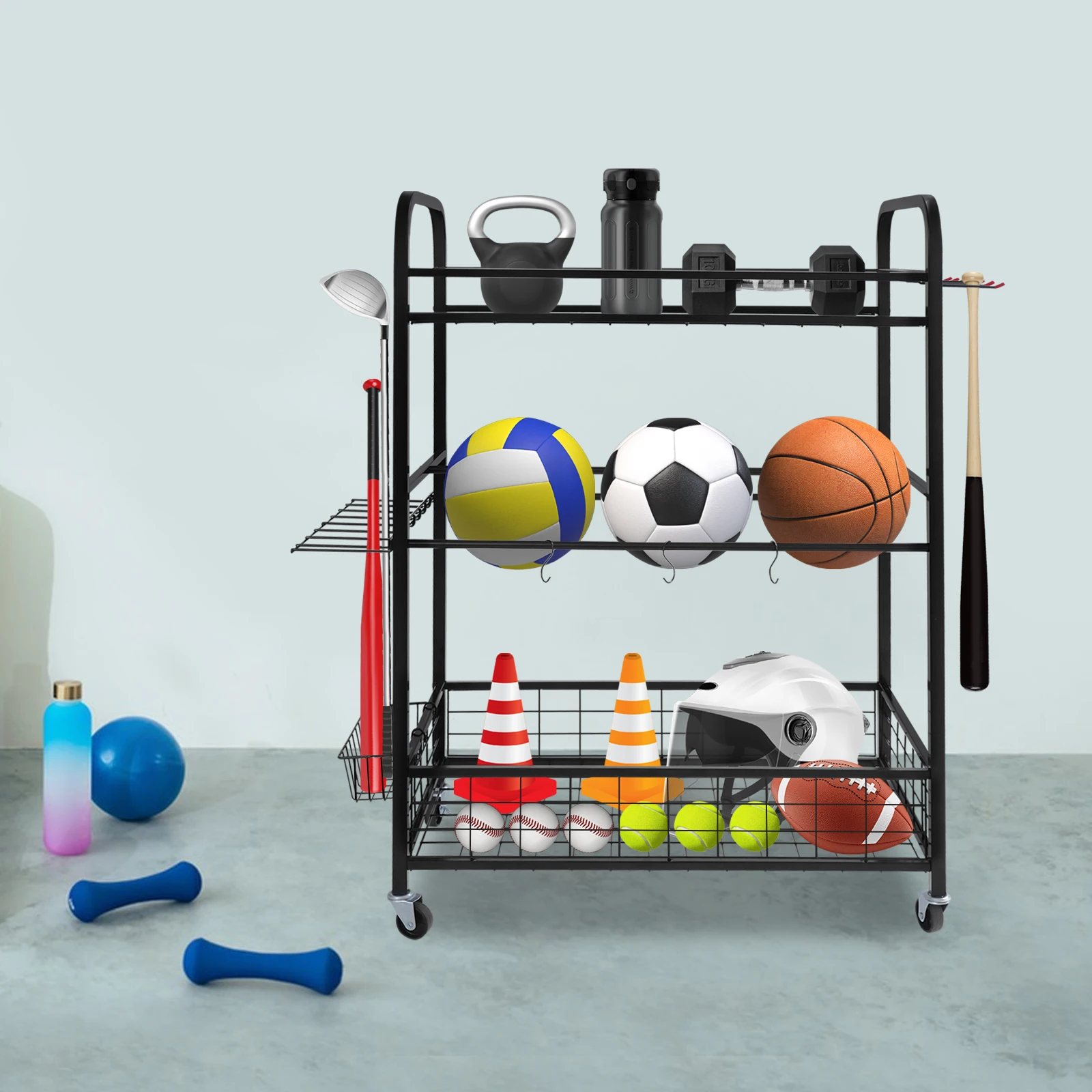 

Стеллаж для хранения вращающихся мячей 39,5*16,5*42,6 дюйма, органайзер для спортивного инвентаря из углеродистой стали, черная стойка для хранения баскетбольных мячей