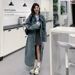 Streetwear Denim Long Trench Coat Women Lapel Patchwork Belt Gathered Waist Windbreaker Blue Vintage 2024 New
