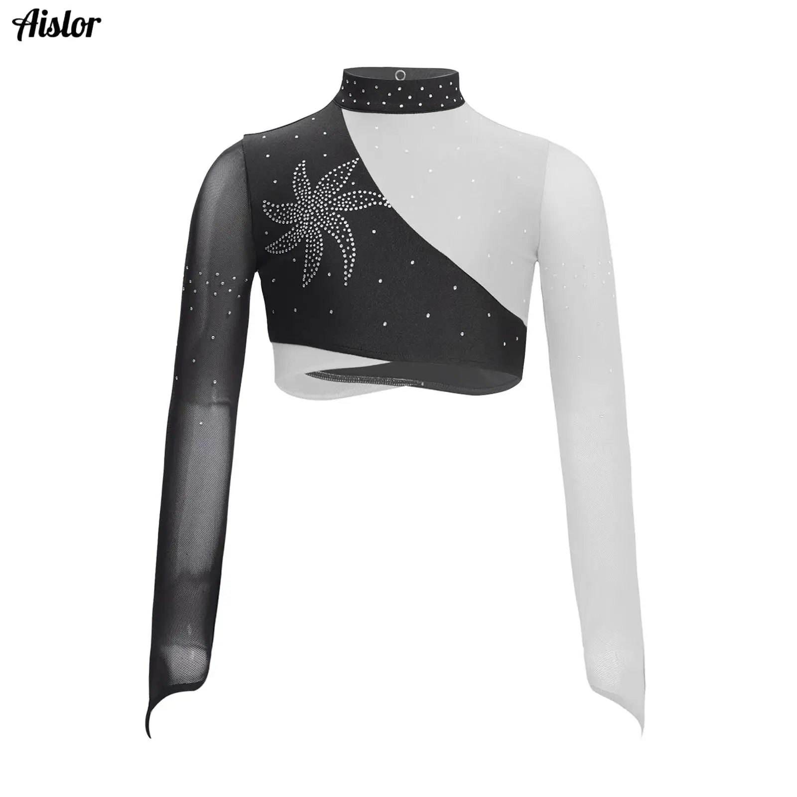 

Kids Girls Lyrical Dance Cropped Top Sheer Mesh Long Sleeves Keyhole Back Color Block Shiny Rhinestones Top Gymnastics Dancewear