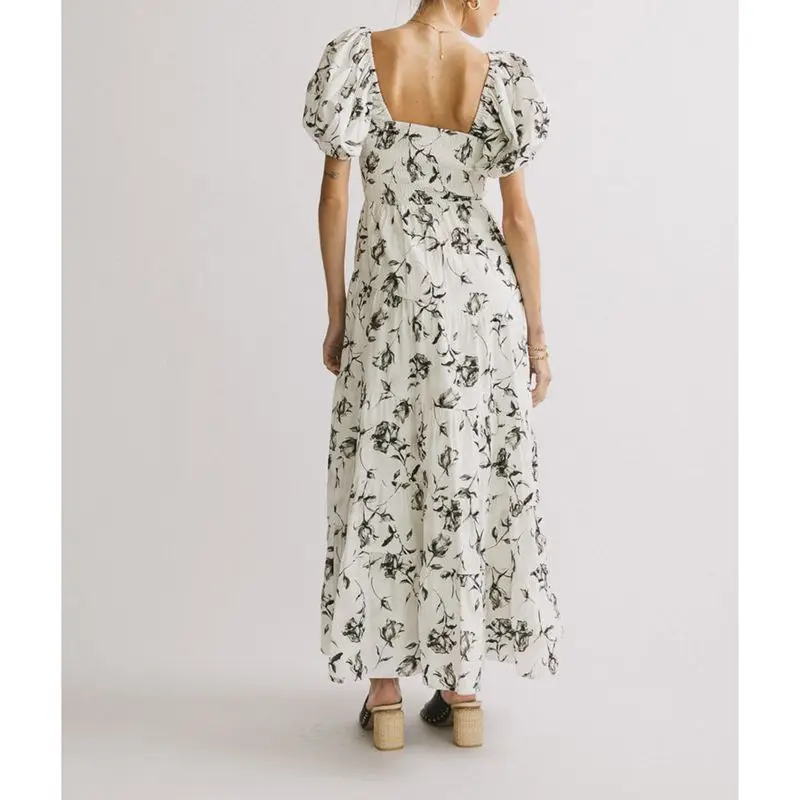 Combhasaki femmes été décontracté froncé chérie col en v smocké imprimé fleuri manches courtes bouffantes fête fluide a-ligne longue robe