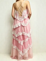 Summer Women Chic Lace Patchwork Party Dress Elegant Femme Loose Fit Backless Casual Dress Sleeveless Ladies Retro Maxi Dresses