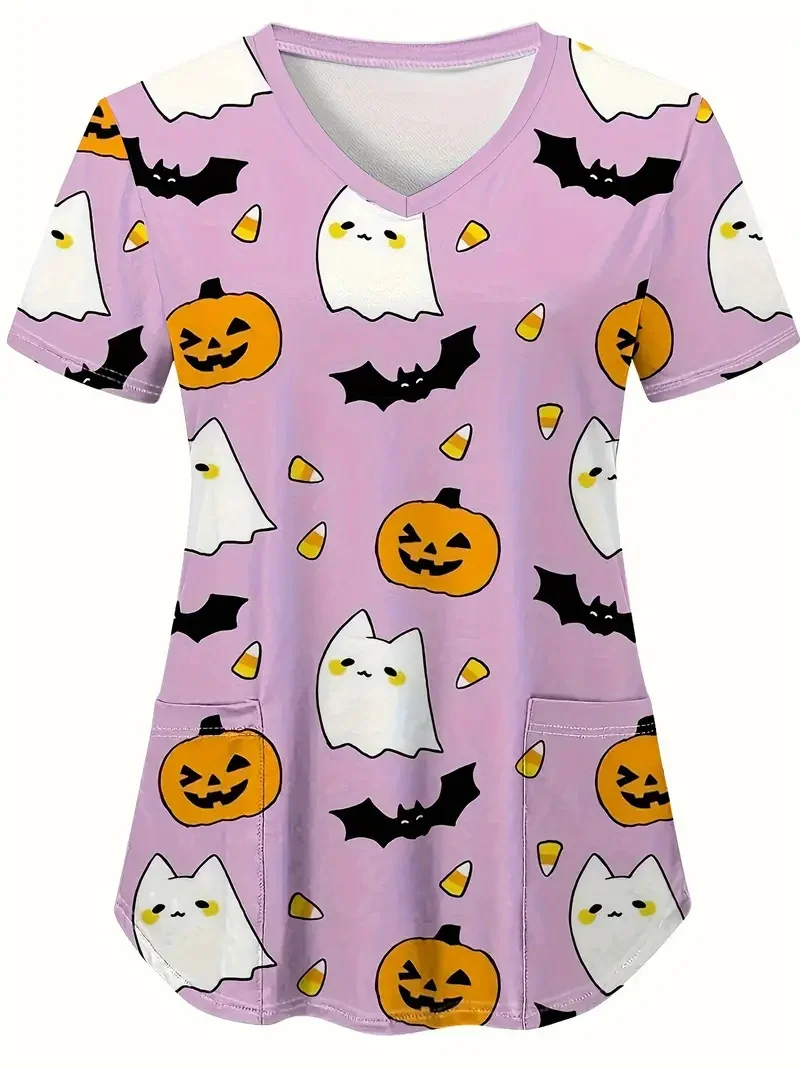 Uniforme quirúrgico de Halloween para mujer, estampado de dibujos animados, moda de enfermera, cuello en V, parche de manga corta, uniforme clínico