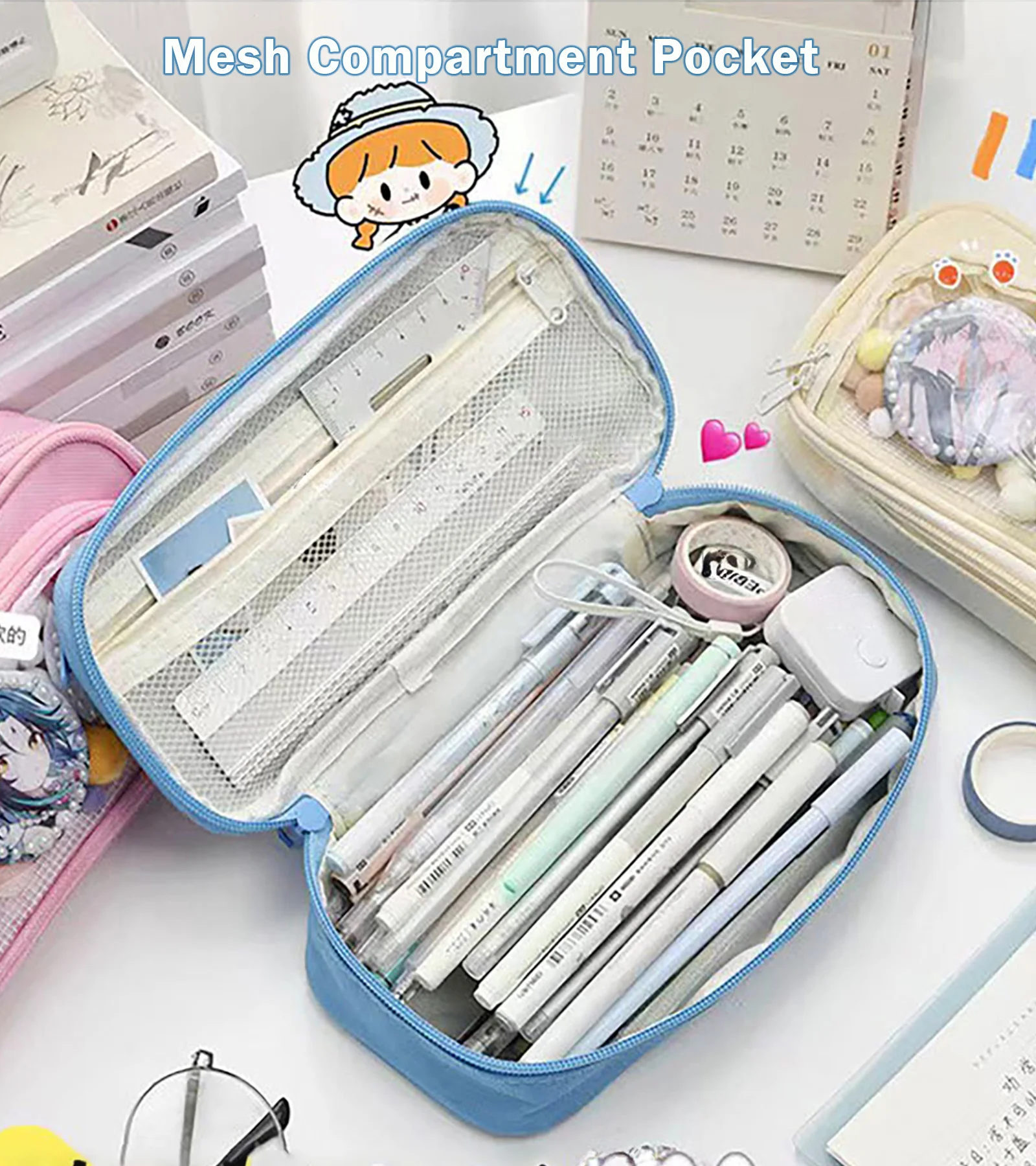 Itabag-Grid Malha Lápis Estojo com Janela Clara, Kawaii Pin Display Bag para Estudante Adolescente, Escola Universitária e Escritório