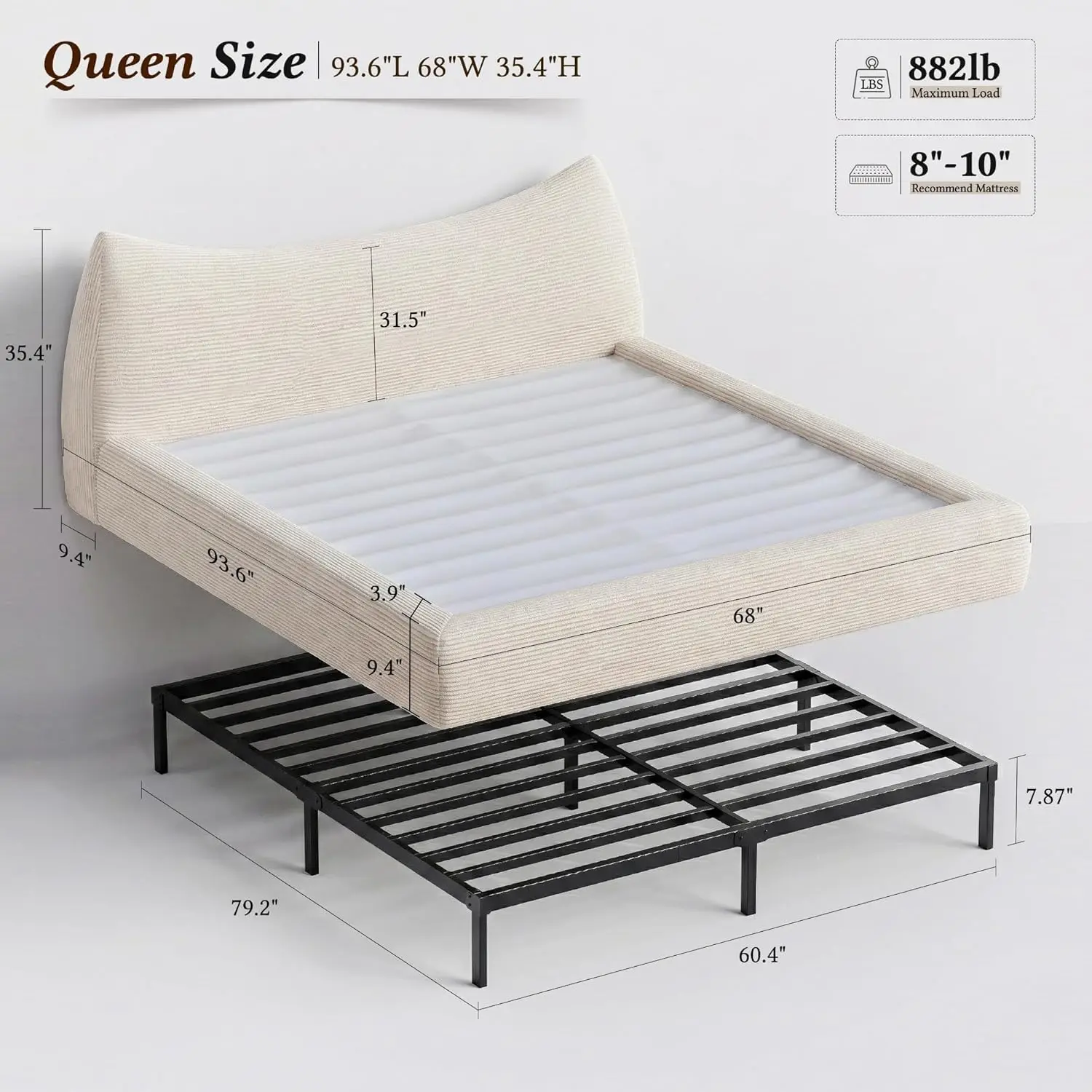 #Soft Full Size Bed Frame Removable Headboard Corduroy Cloud Rounded Corner Modern Bedroom No Box Spring, Customized