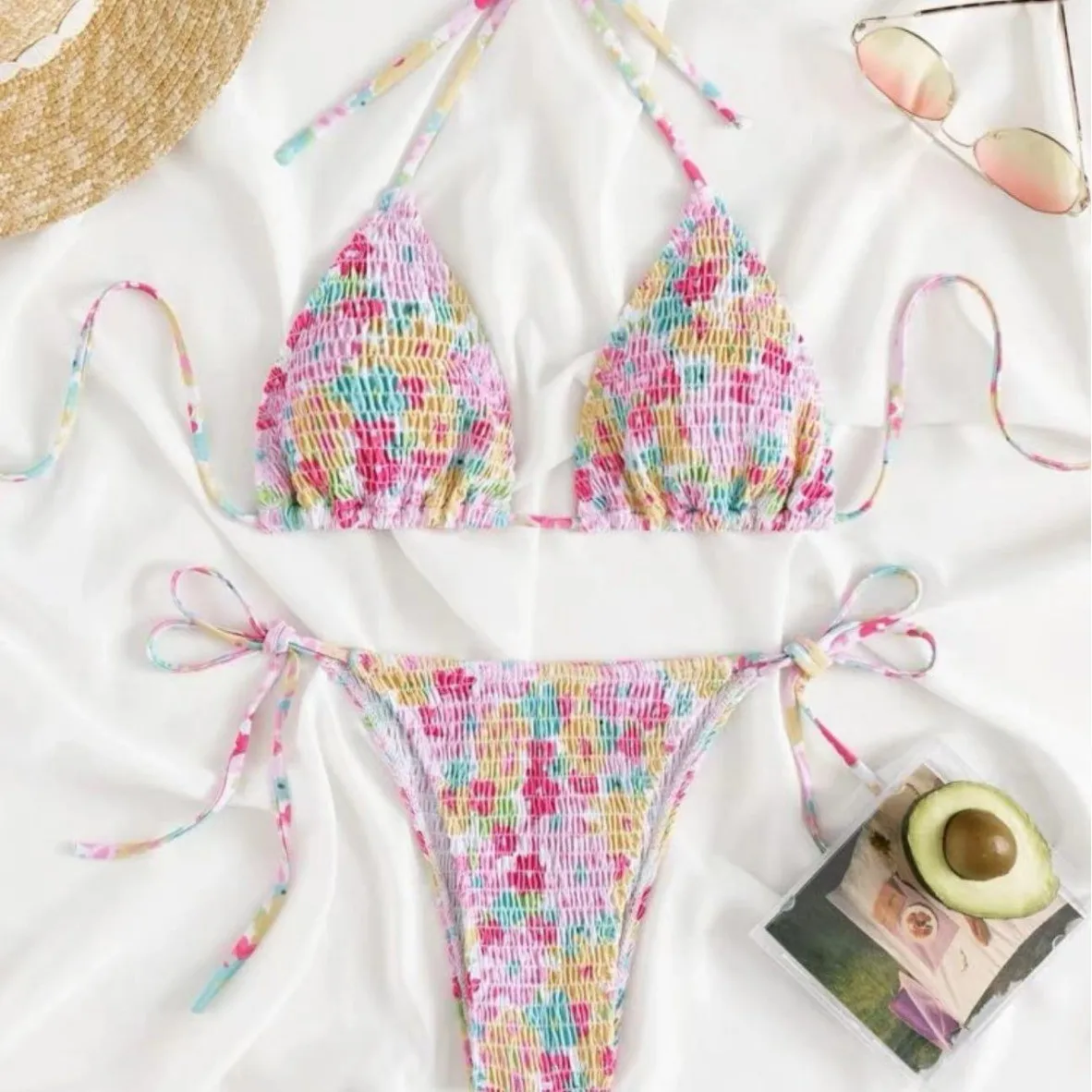 

Women's 2026 Bikini Triangle Top Floral Print Tied Bikinis Sleeveless Smocked Swimwear Halter Neck Adjustable Two Piece Swimsuit