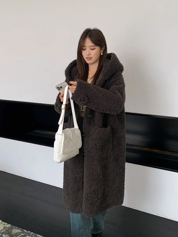 AYUNSUE 100% Sheep Shearing Jacket Women Elegant Winter Wool Jackets Fur Coat Hooded Long Coats Korean Fashion Abrigos SGG1297