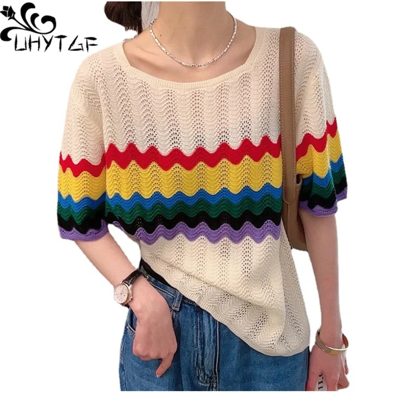 

UHYTGF New Ice Silk Knitted T-Shirts Women Fashion Hollow Thin Tops Ladies O Neck Short-Sleeved Spring Summer T-Shirt Female 383