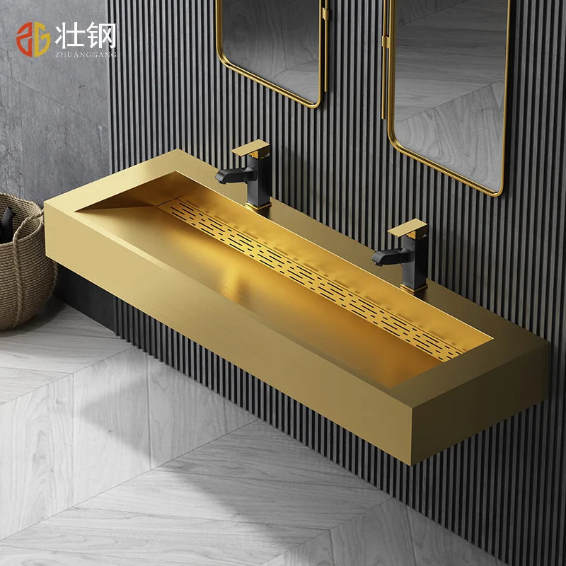 Luxury 1500*450*160mm Bathroom Sink Wall mounted Modern Wash basin SUS304 Stainless steel Lavabo with 2 pcs Brass faucet Drainer