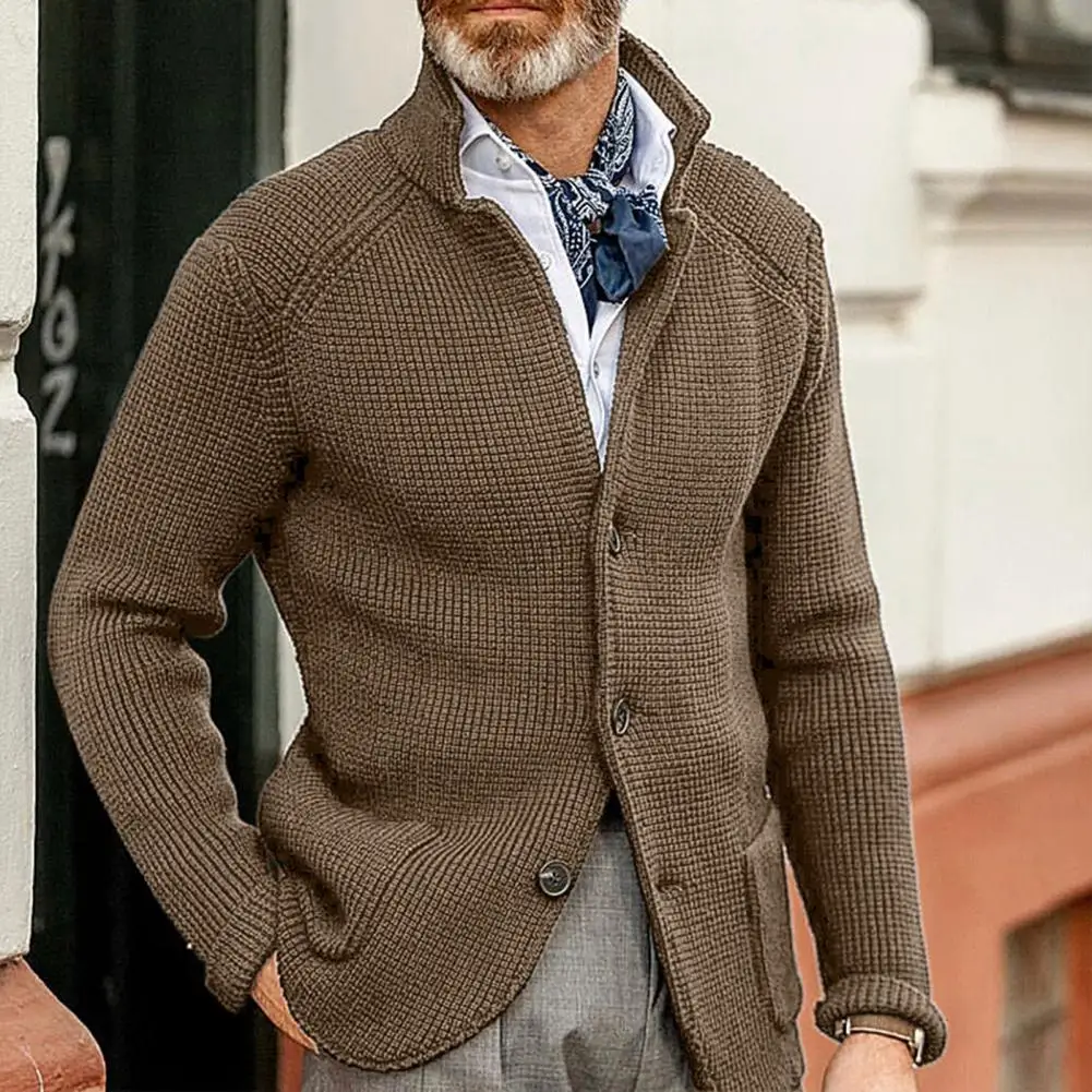 Stand Collar Long Sleeve Pockets Thickened Sweater Coat Men Autumn Winter Solid Color Buttons Placket Knitted Outerwear