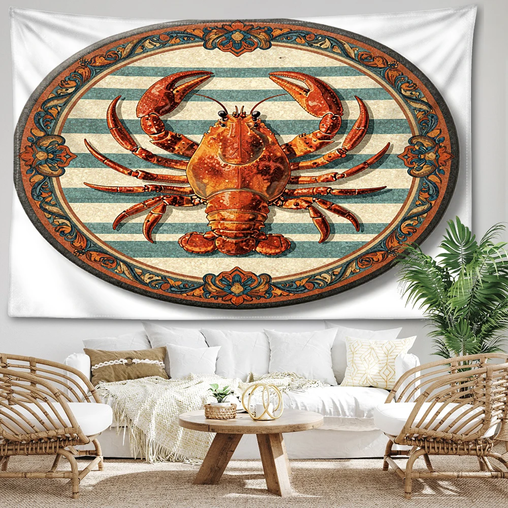 Blue White Stripe Lobster Printed Tapestry Wall Hanging Bohemian Style Bedroom Home Decor