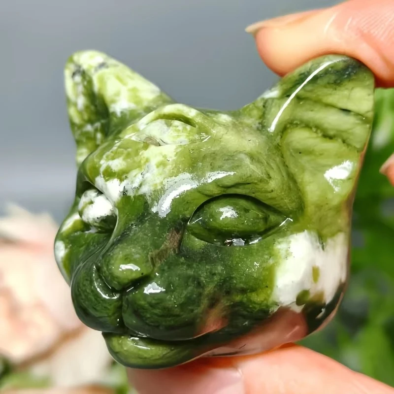 Natural Serpentine Artificial Crystal Cat Figurine, Exquisite And Unique Adorable Cat Head Carving, Artificial Crystal