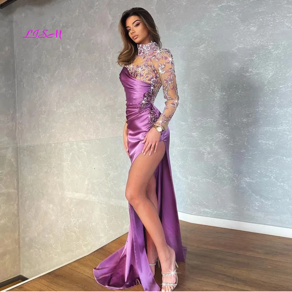 Mermaid Evening Dresses 2022 Arabic Sparkly Crystals Sequin High Slit Prom Gowns Party Dresses Plus Size Robes De Soirée