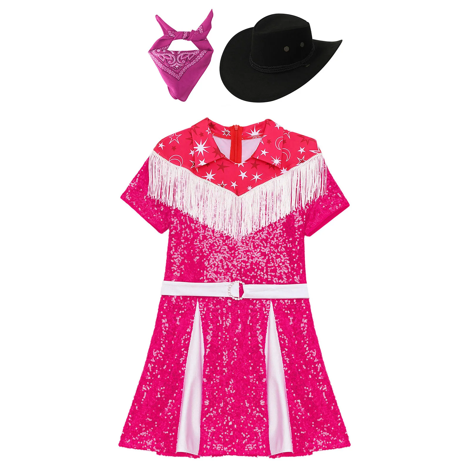 Western Cowgirl Cosplay Costume for Kids Girls Fringe Sequins Dress with Hat Bandanna Carnival Halloween Theme Party Fancy Dress