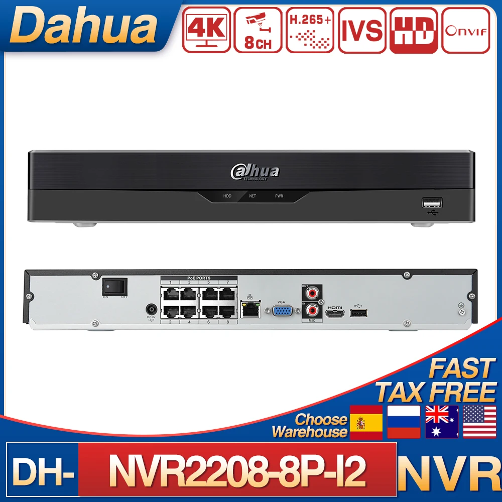 Dahua 8CH 8Poe NVR2208-8P-I2 2HDDs WizSense NVR 16CH 16PoE NVR2216-16P-I2 WizSense 4K AI NVR Max Support 12MP Resolution