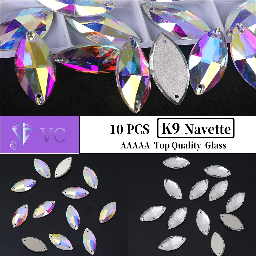 VC 10pcs K9 Crystal and AB Navette Top Quality  Glass Sew On Flatback Sewing Strass Stones used for Garment  Wedding Dress