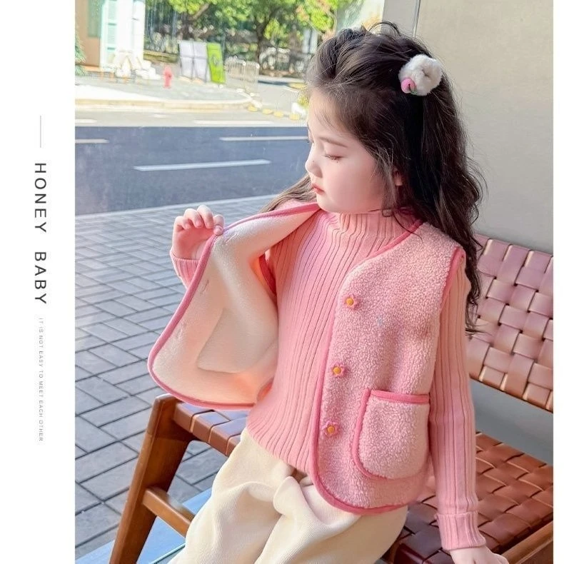 2026 Herbst Winter Baby Polar Fleece Warme Weste Mädchen Plüschweste Einreihig Kinder Warme Modische Warme Jacke – Detail 6