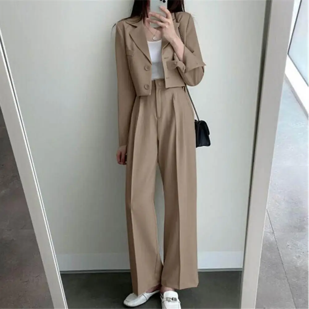 Women Commuting Suit Stylish Women's Formal Commute Outfit Lapel Single-breasted Coat Pants Set with Long Sleeve Jacket High