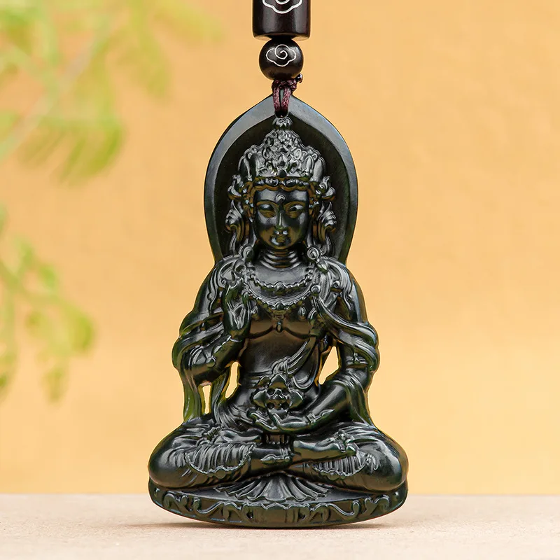 

Jia Le/Hand-carved/Natural Hetian Jade Ink Jade Tara Guanyin Bodhisattva Necklace Pendant Men and Women Faith Couple Amulet Gift