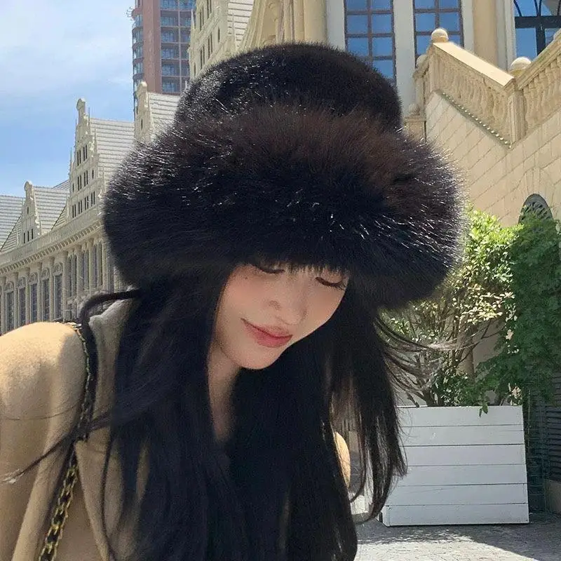 

Autumn Winter Women's Fur Hat Brimless Plush Fluffy Skiing Riding Warm Cap Thick Warm Faux Fur Basin-Hat For Women Fisherman-Cap