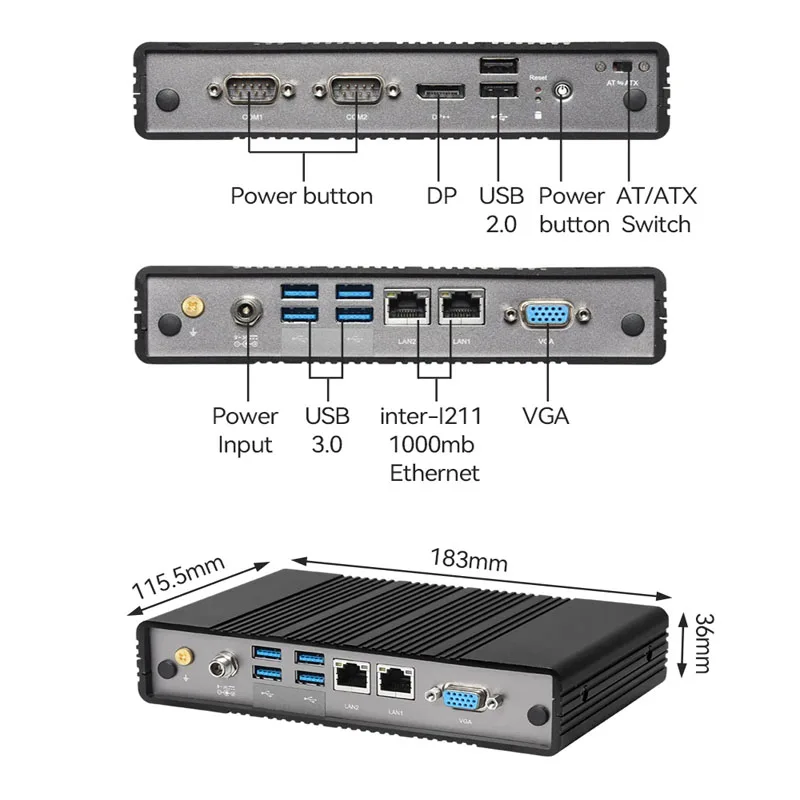 Helorpc 산업용 미니 PC, Inter Atom E3940 2G 온보드 DDR3 지지대, Win10 리눅스 워치독 PXE 팬리스 컴퓨터, 2LAN 2COM